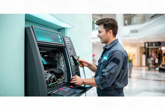 ATM technician performing maintenance on a cash machine in a Singapore commercial building